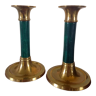 Pair of brass and wood torch candle holders