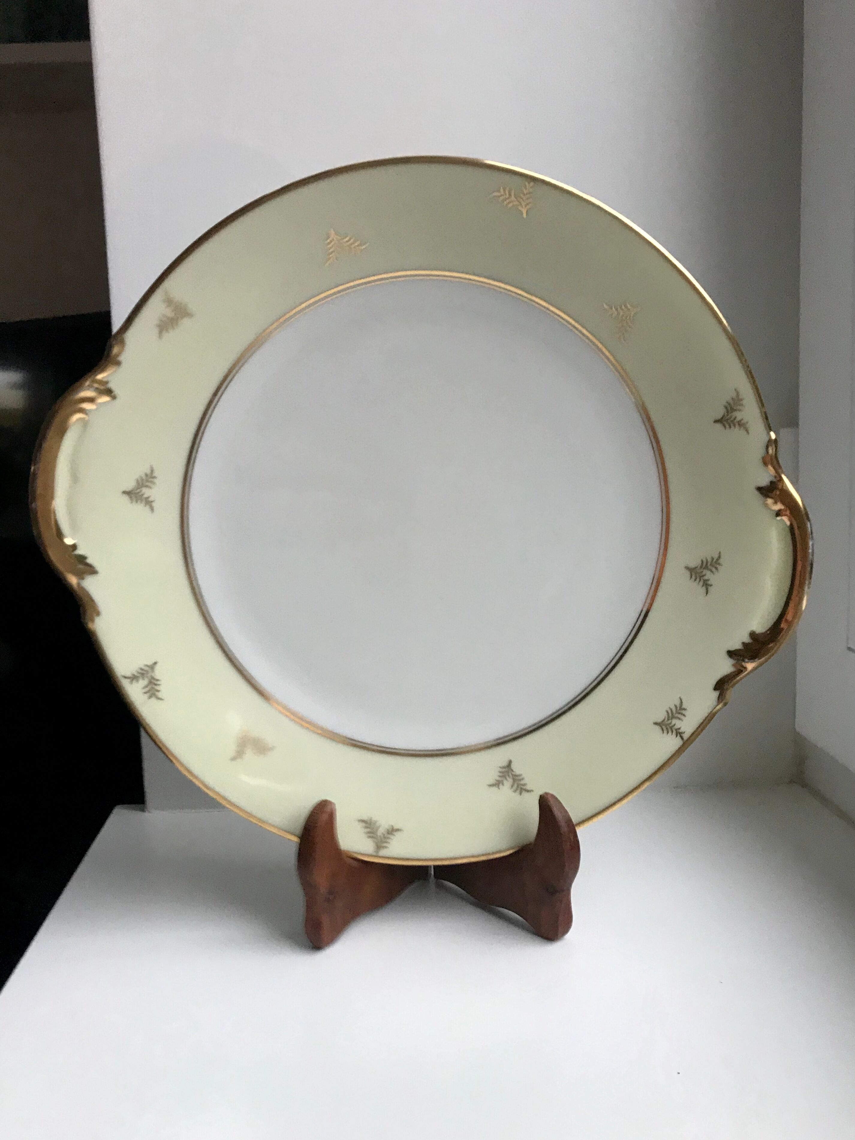 Cream and golden cake dish Limoges porcelain 50s