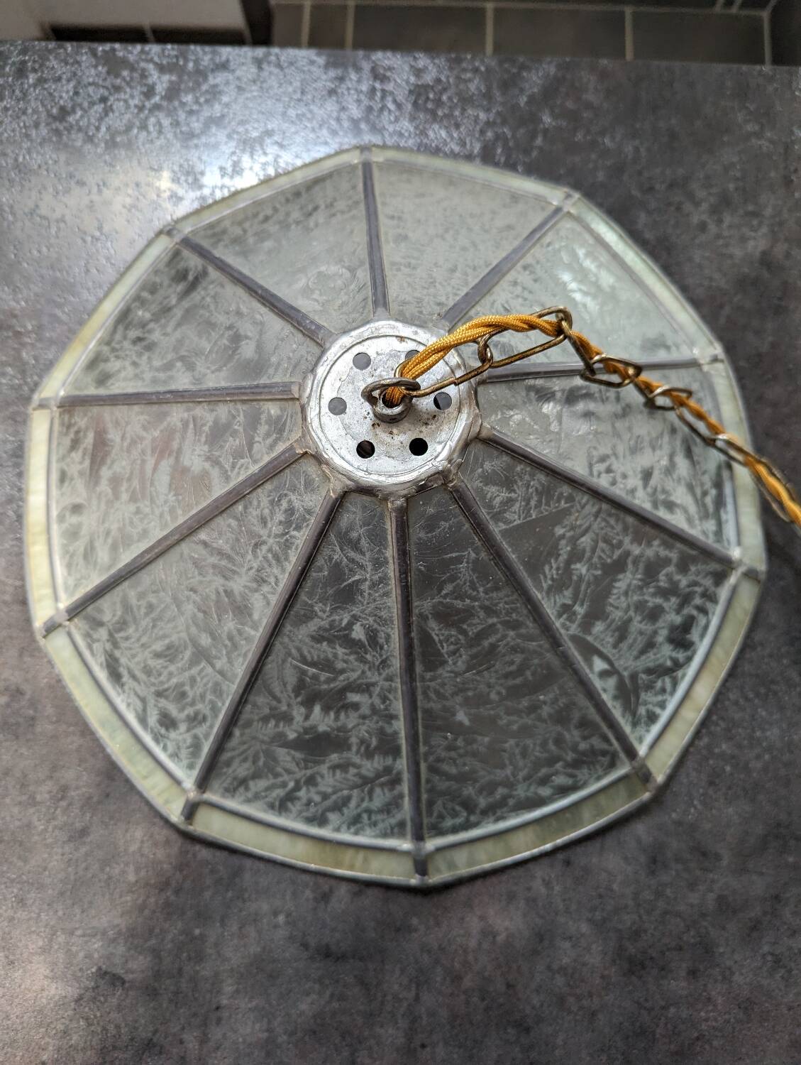 Old large Art Deco pendant lamp with mother-of-pearl and glass shade