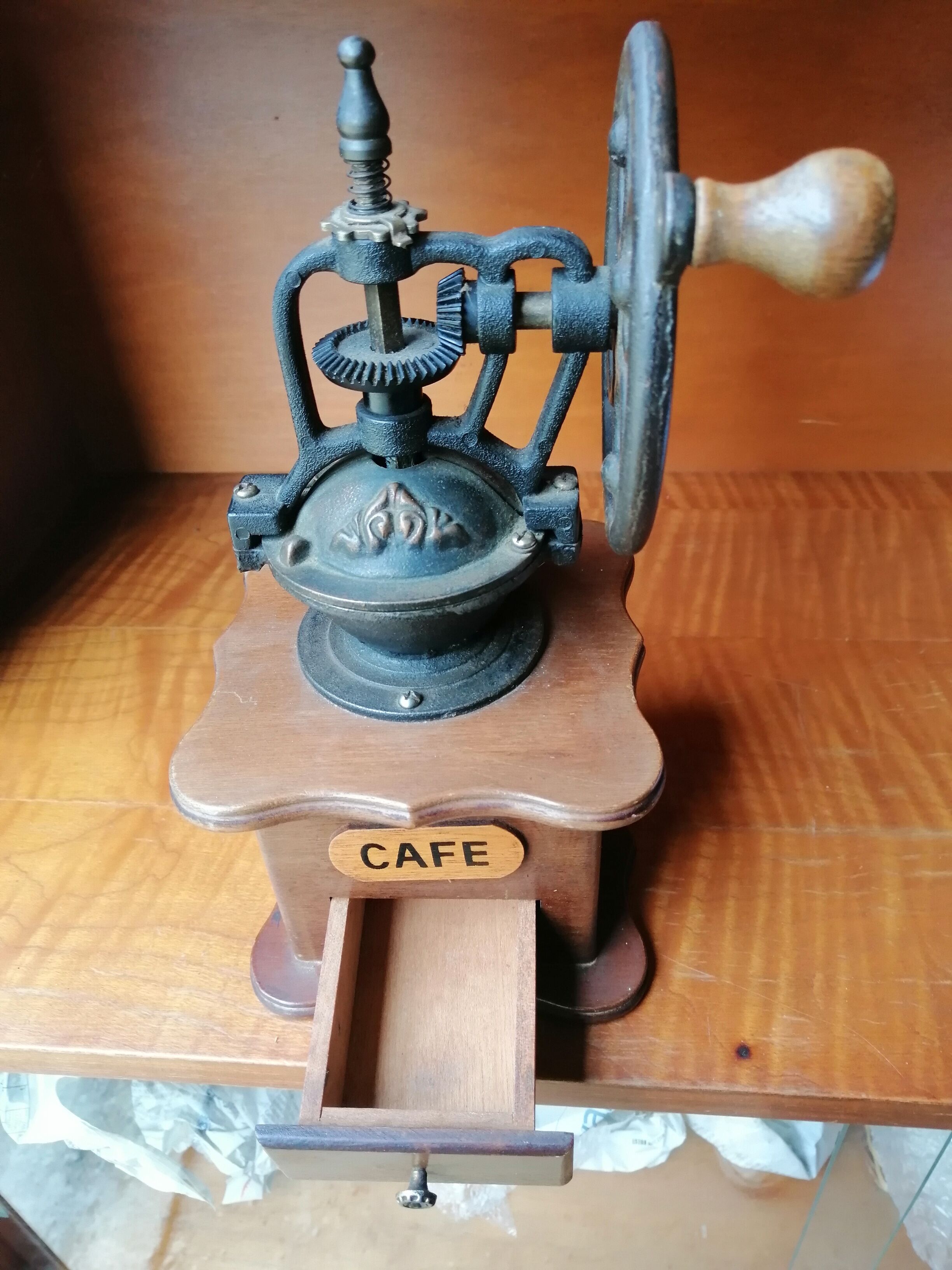 Coffee mill in wood and metal style antique countertop