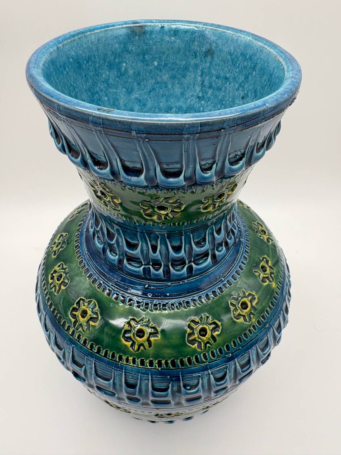 Aldo Londi vase, Rimini Blue, blue-green glazed ceramic, Bitossi, 1960