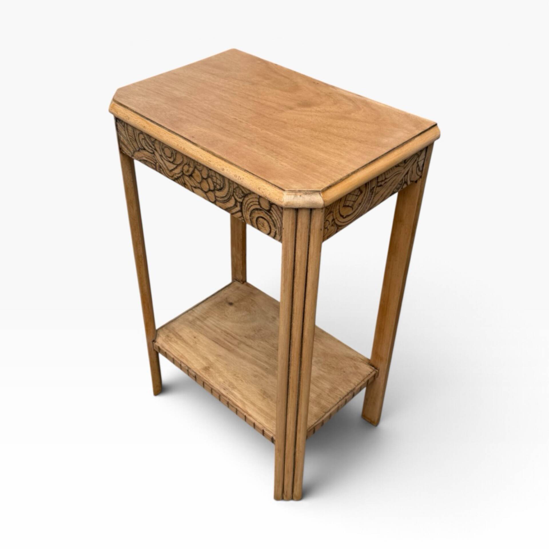 Art Deco console in raw wood with floral decoration, renovated 1930.
