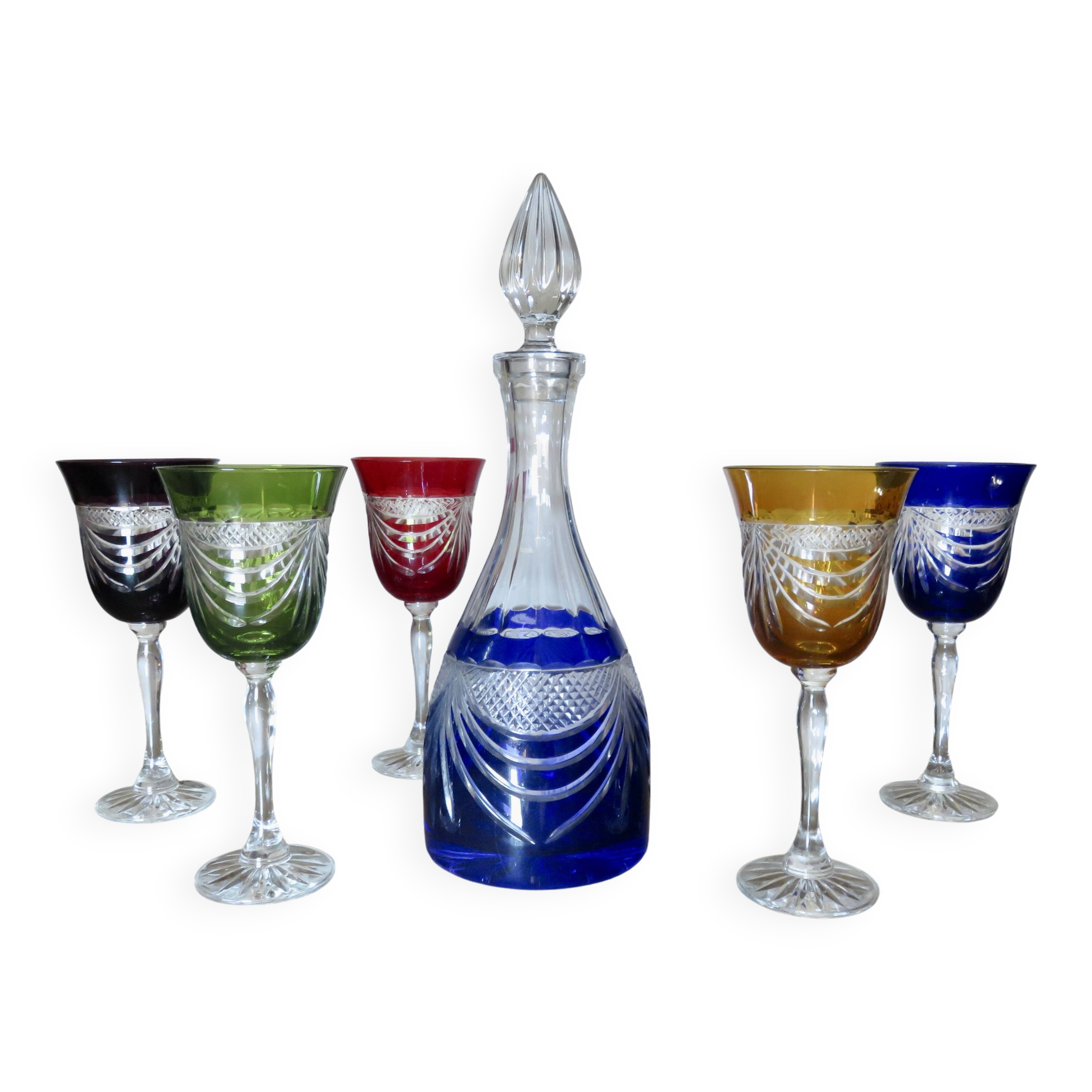 Service cristal couleur "Cristalleries de Lorraine" carafe et 5 verres