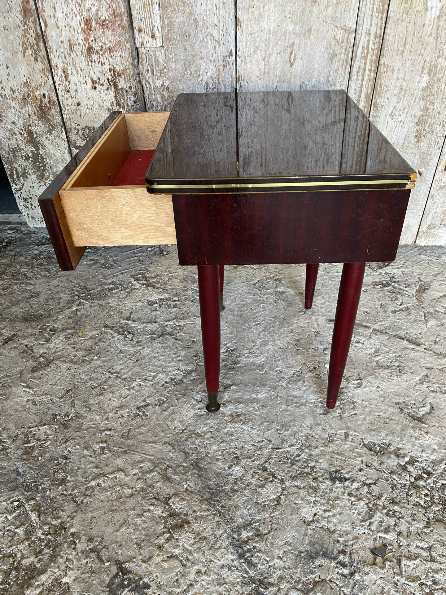 Antique Nightstand Lacquered Wood Drawer Mid-Century Vintage