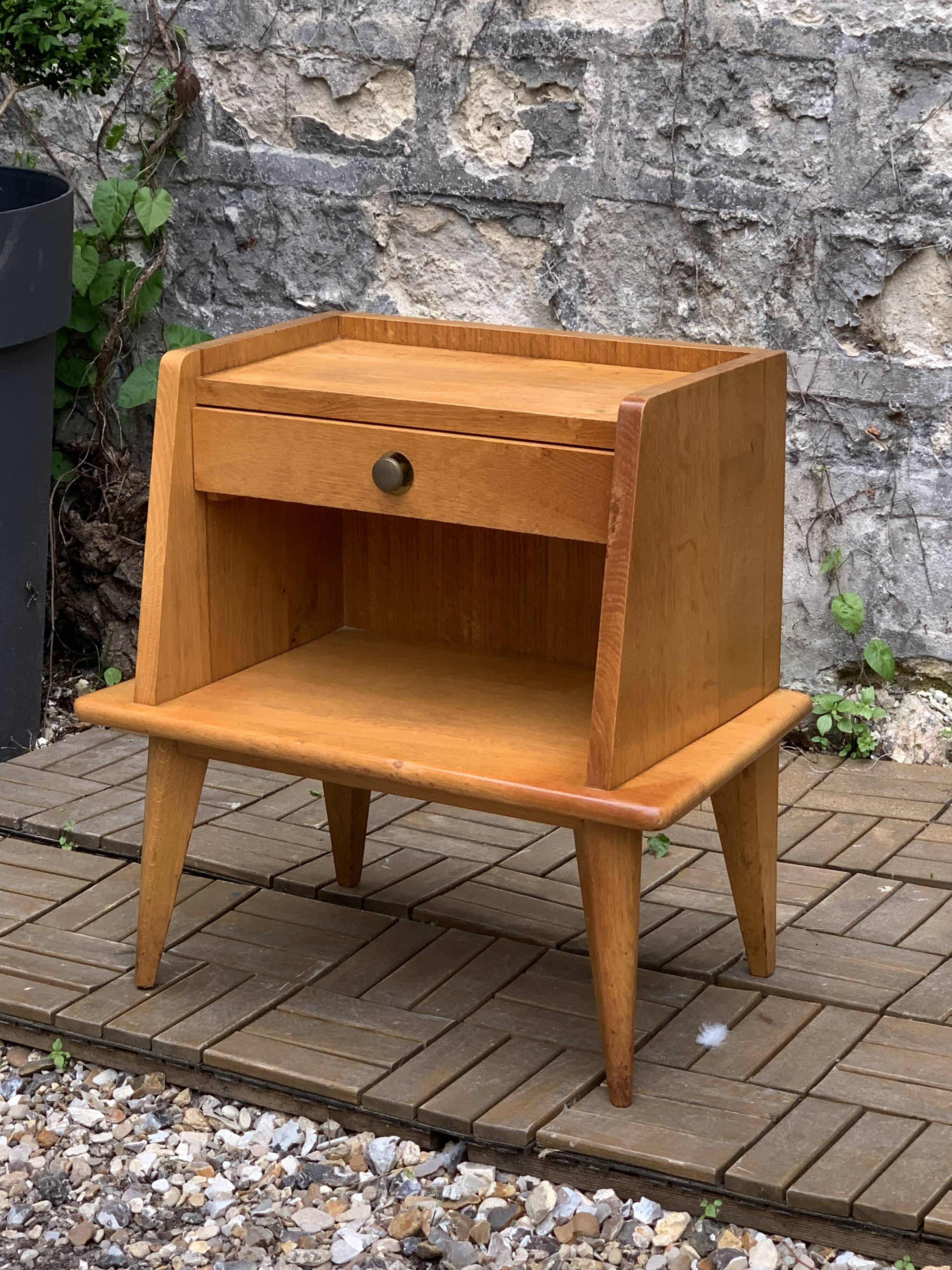 Solid oak compass feet bedside table 1950