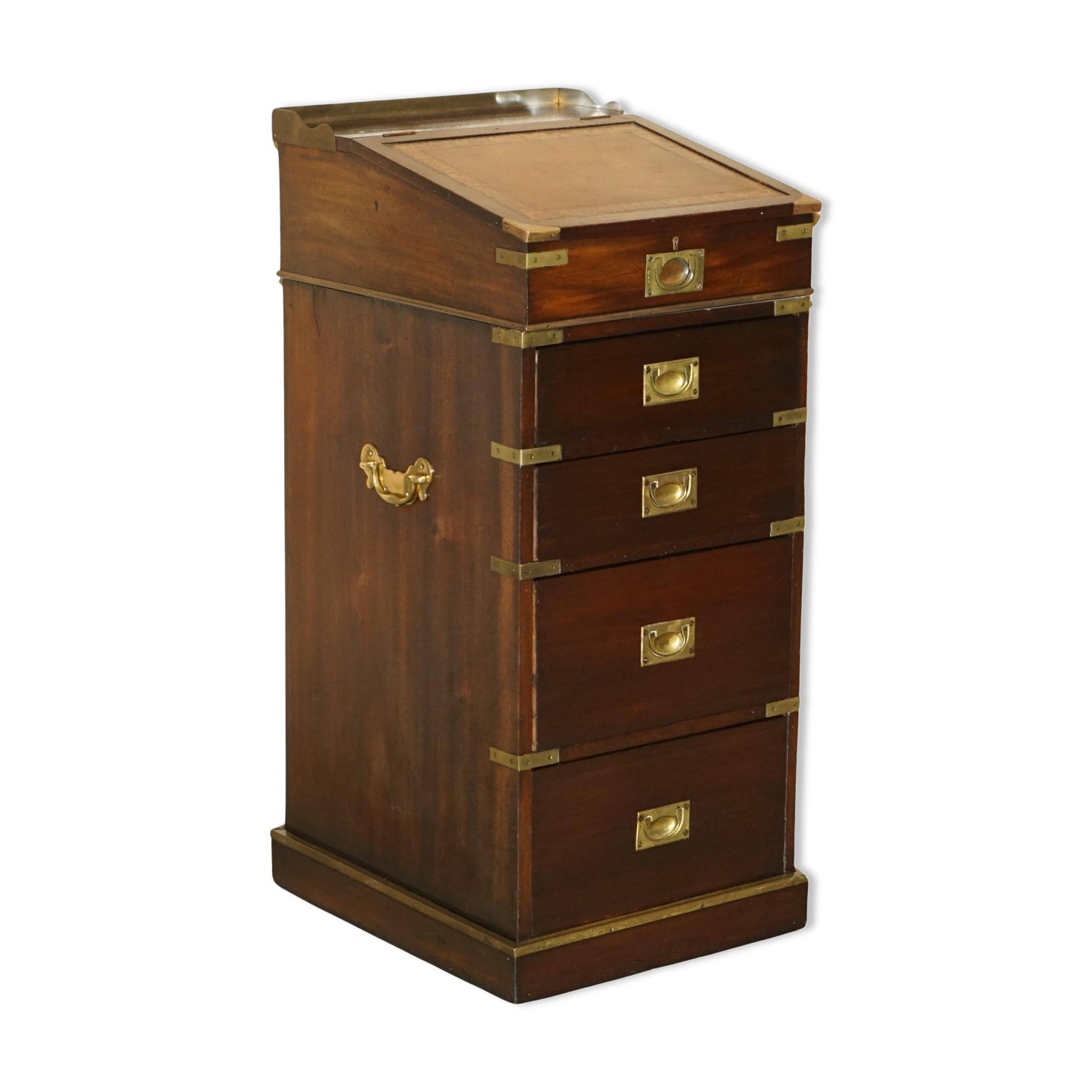 Bureau de campagne Davenport victorien antique en cuir avec galerie en laiton