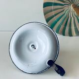 Antique candle holder in white and blue enamelled metal