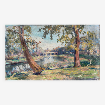 Tableau hst "paysage de campagne à la rivière" par pierre bonnerot (1891-1981)