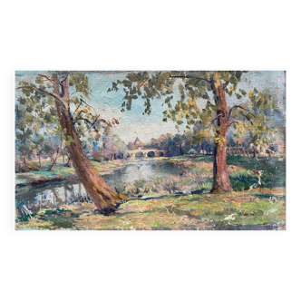 Tableau hst "paysage de campagne à la rivière" par pierre bonnerot (1891-1981)