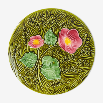Plat décoratif à motifs de fleurs stylisées et de blé vert - sarreguemines - années 60