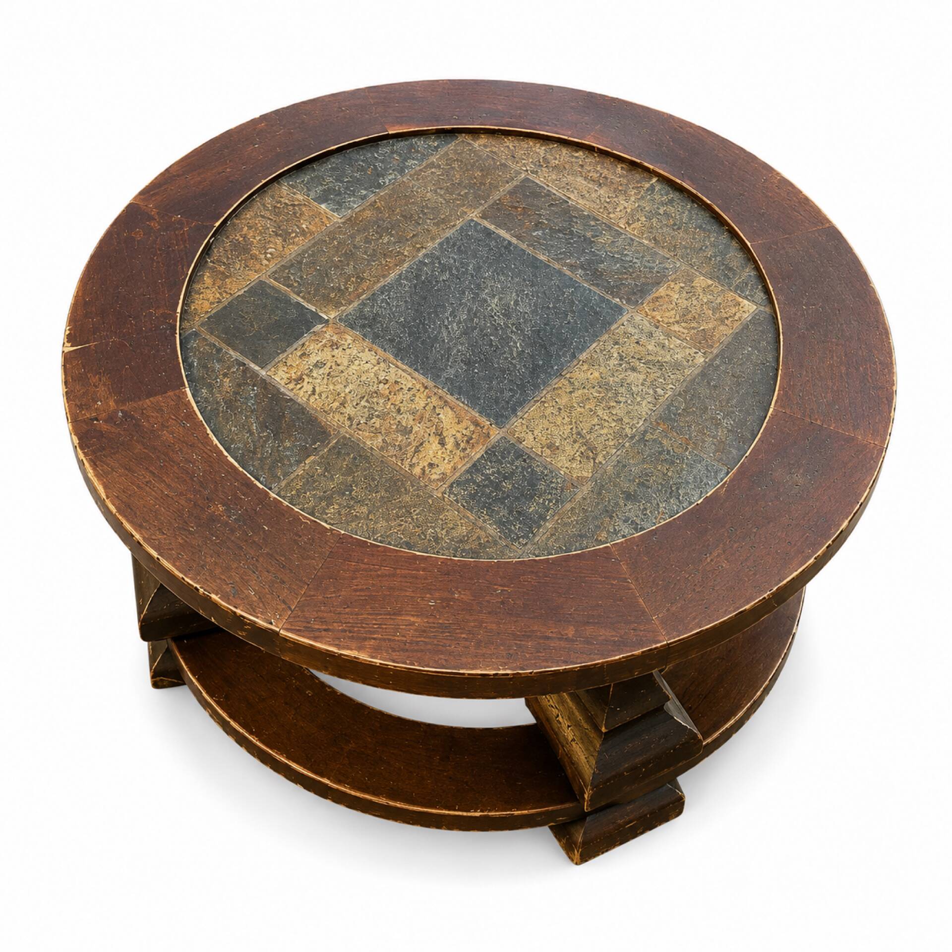 Round coffee table in stone and wood