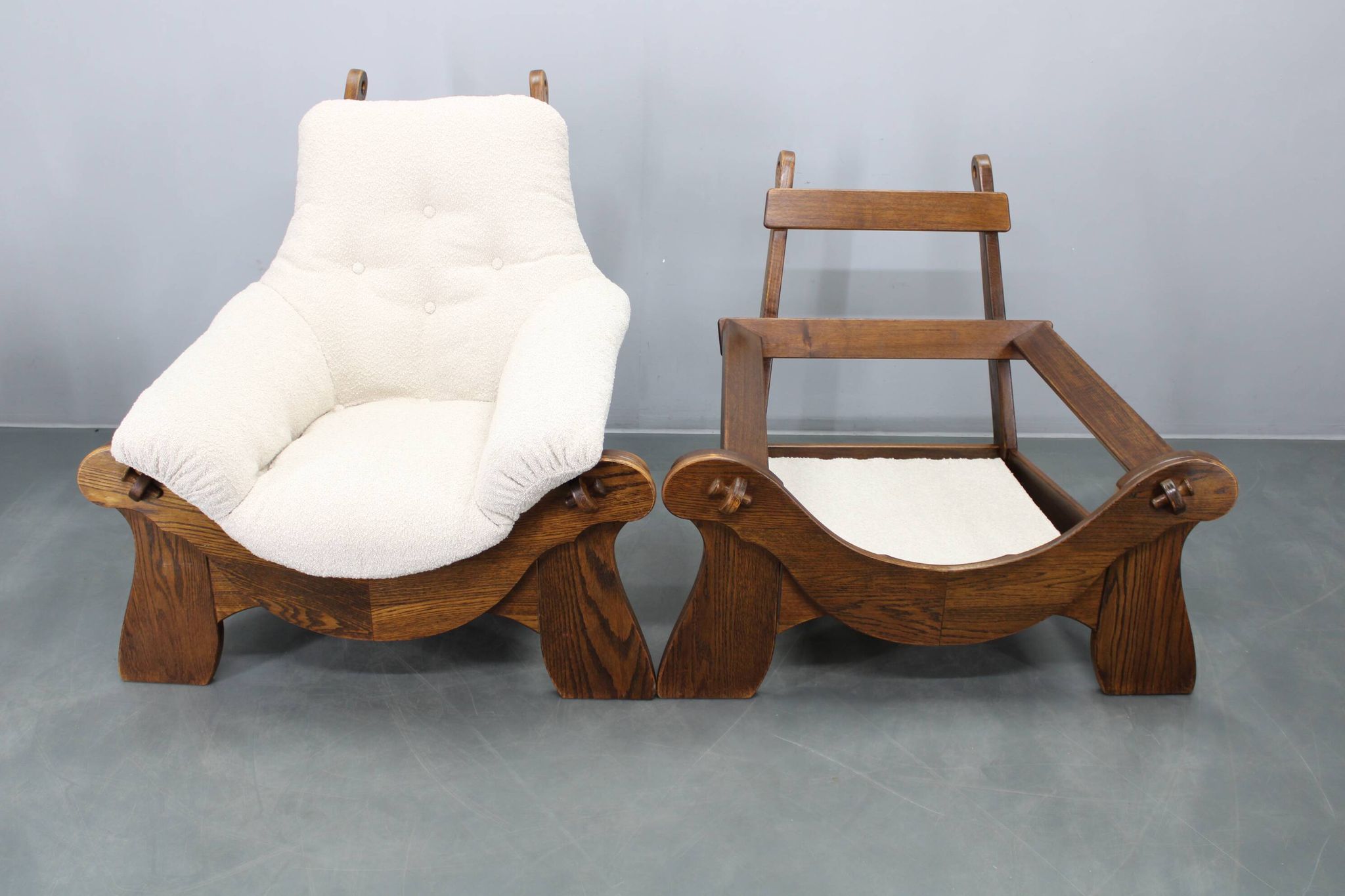 Pair of Brutalist oak armchairs, Czechoslovakia, 1970s