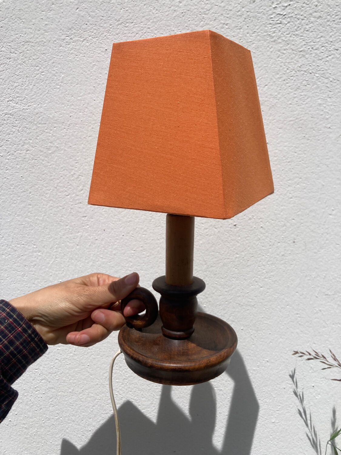 Wooden table lamp and vintage orange lampshade candle holder style