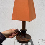 Wooden table lamp and vintage orange lampshade candle holder style
