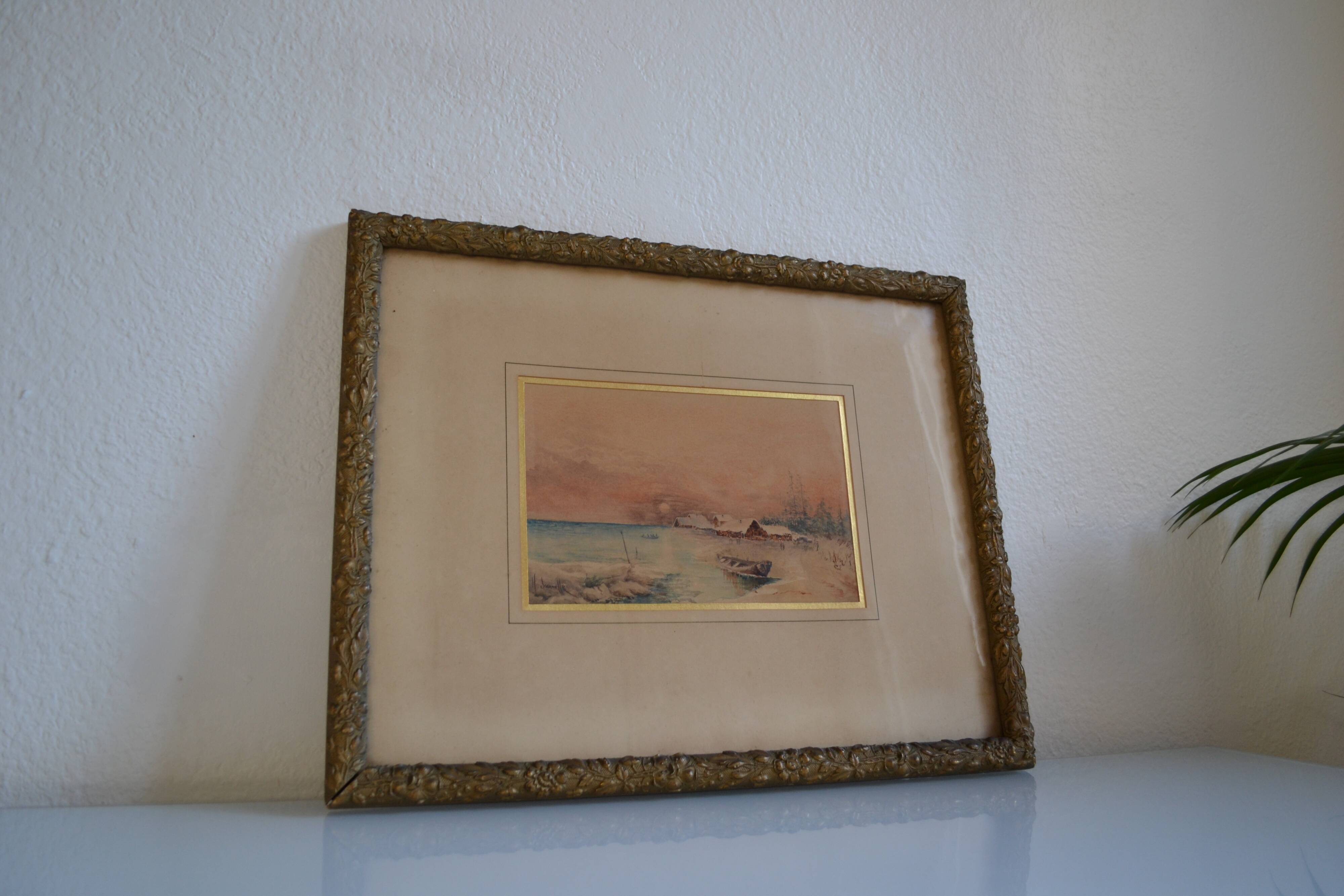 Old watercolor painting of seaside landscape signed H. Jeannolle 19th century