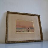 Peinture à l'aquarelle ancienne paysage de bord de mer signé H. Jeannolle XIXe s