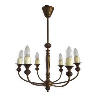 French Vintage 6Light Brass Chandelier Classic Style Cup Shaped Bobeches