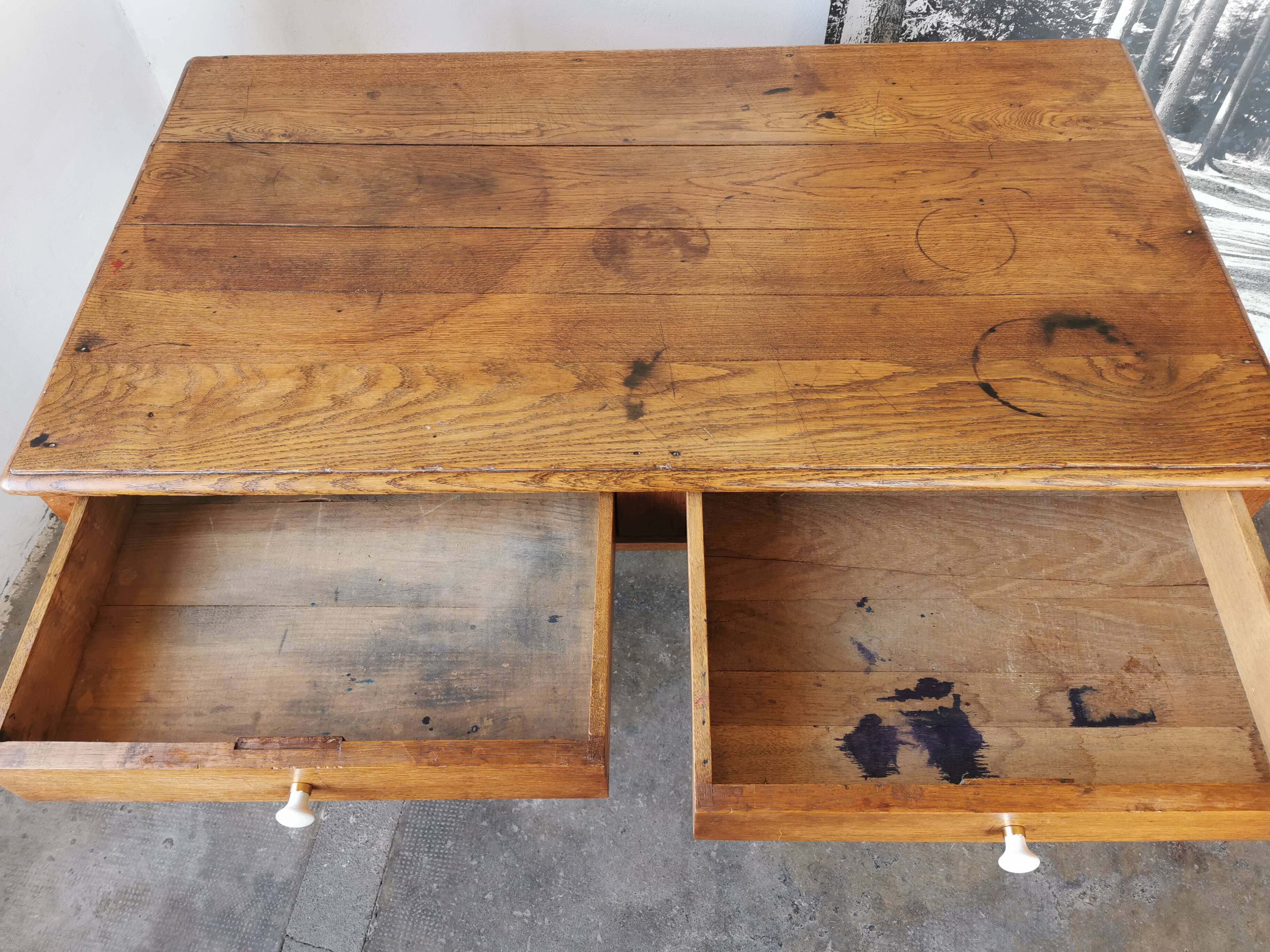 Table in raw oak, countryside.