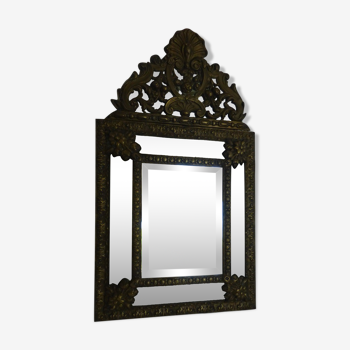 Old mirror with brass parclose repelled XIXth 36x62cm