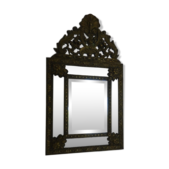 Old mirror with brass parclose repelled XIXth 36x62cm