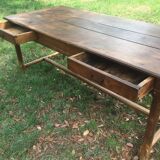 Table de ferme de cuisine en chêne et châtaignier XVIIIe avec deux tiroirs 196/87-78h