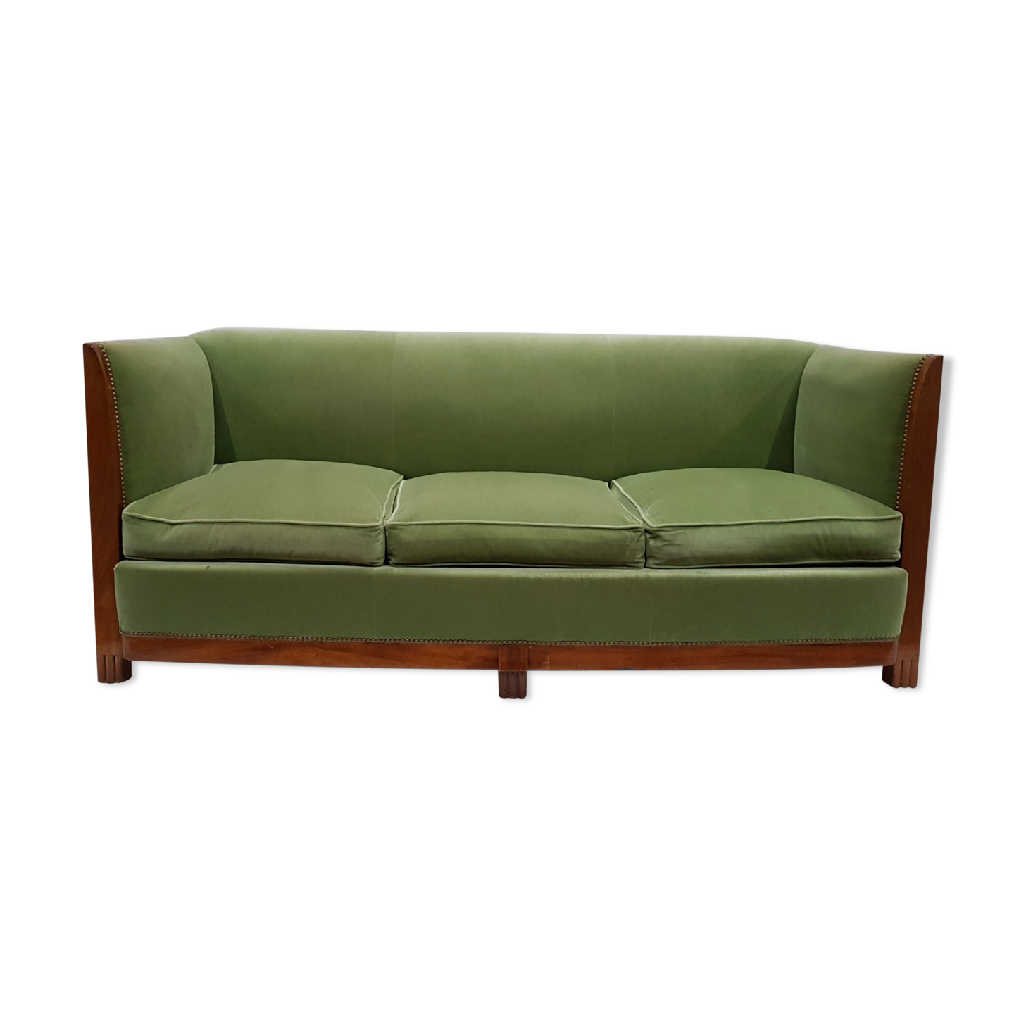 Canapé art déco bois et velours vert amande