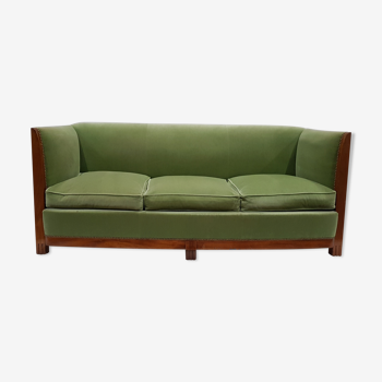 Art Deco sofa wood and green velvet almond