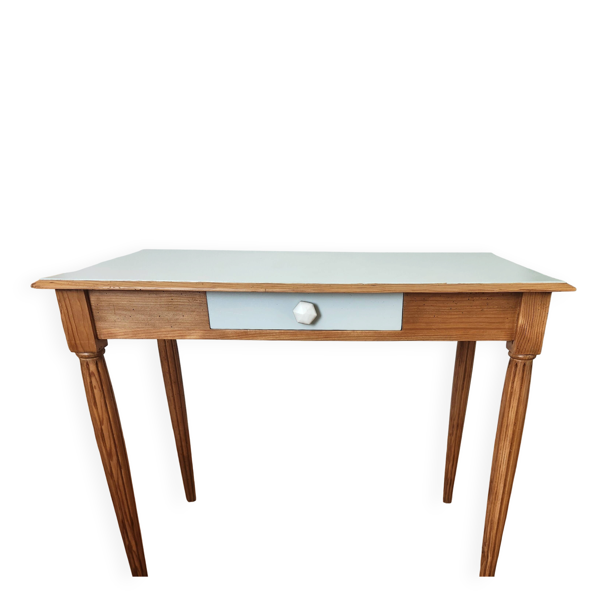 Small Blue Wooden Desk, Grooved Legs