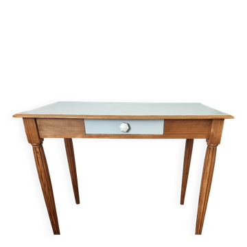 Small Blue Wooden Desk, Grooved Legs