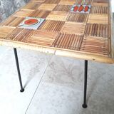 Rattan coffee table and 1950s ceramics