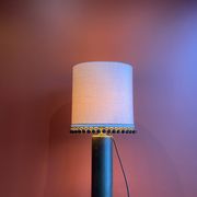 Copper "bouillotte" lamp with Ashoka Silk shade, pom-poms of c