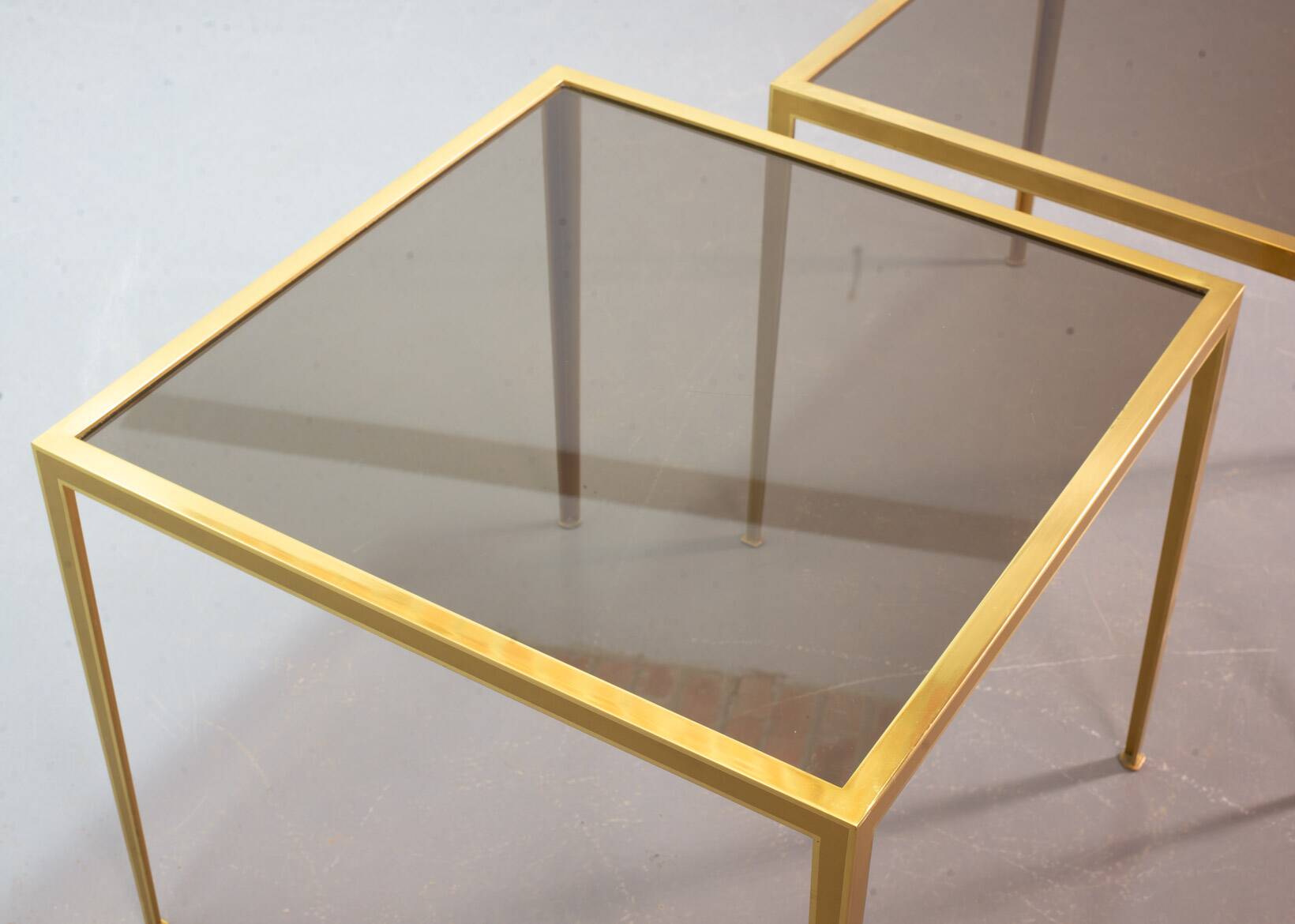 Solid Brass Side Tables with Smokey Glass Top by Vereinigte Werkstatten 70s