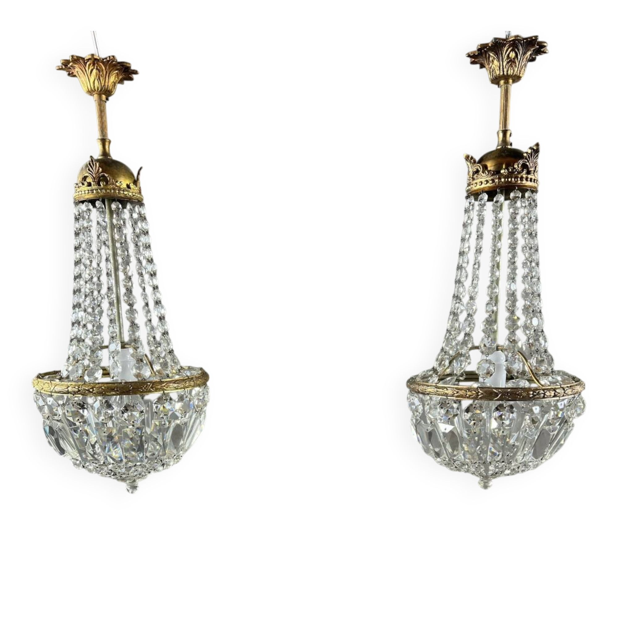 Pair of bronze and crystal chandelier pendants, late 19th century.