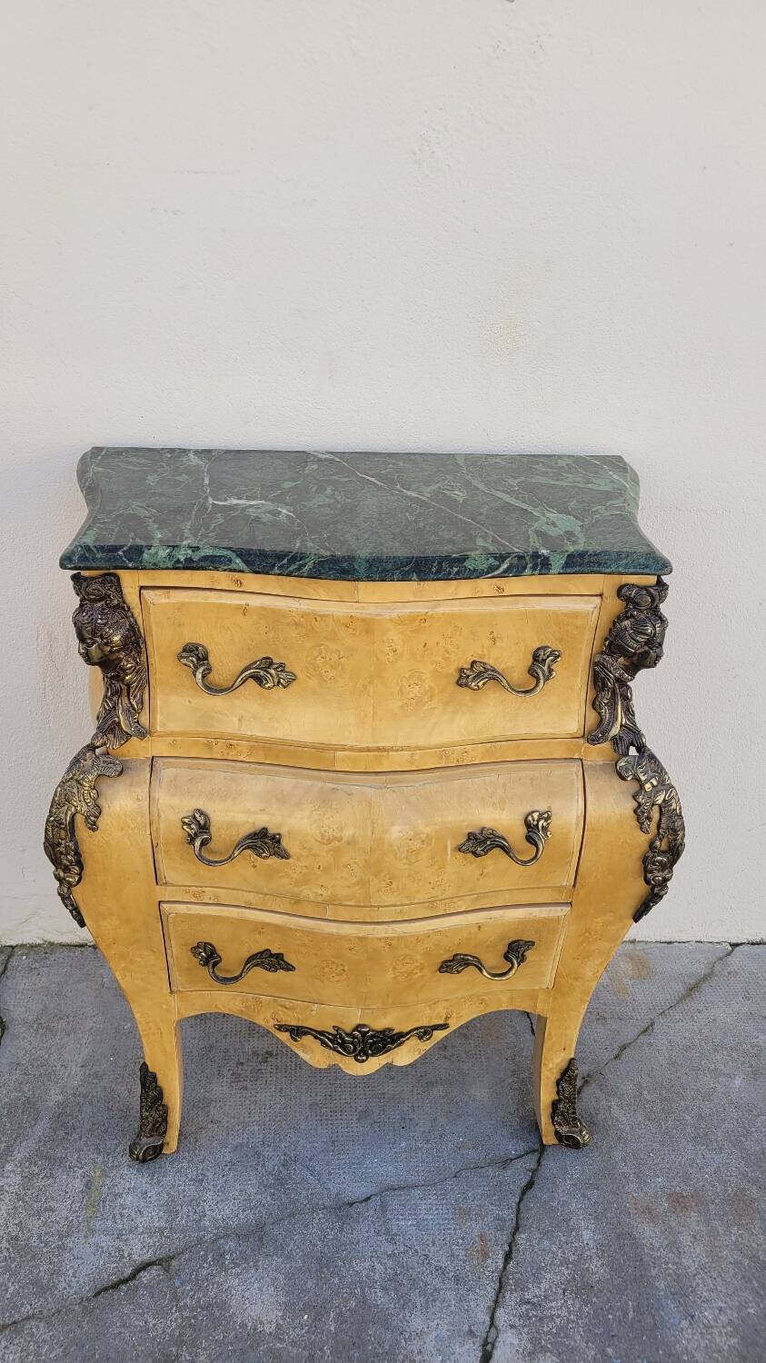 Curved Louis XV style chest of drawers in elm burl and bronze marquetry