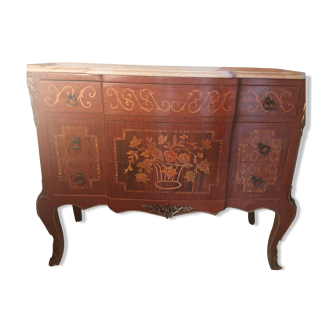 Chest of drawers with louis xv style marquetry pink marble top