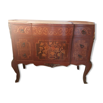 Commode avec marquetterie style louis xv dessus marbre rose