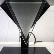 Pair of postmodern lamps with iron structure and lampshade in satin glass Italy 80s