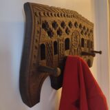 Brutalist style carved wooden coat rack with four hooks