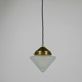 Up to 7 Art Deco brass pendant lights with conical glass shades, Vienna 1930s.