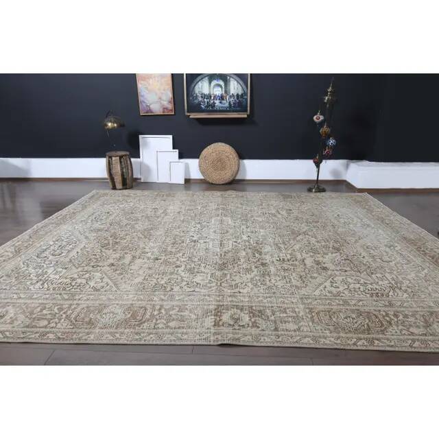 1970s Vintage Persian Handmade Wool Cotton Brown Area Rug 281x370