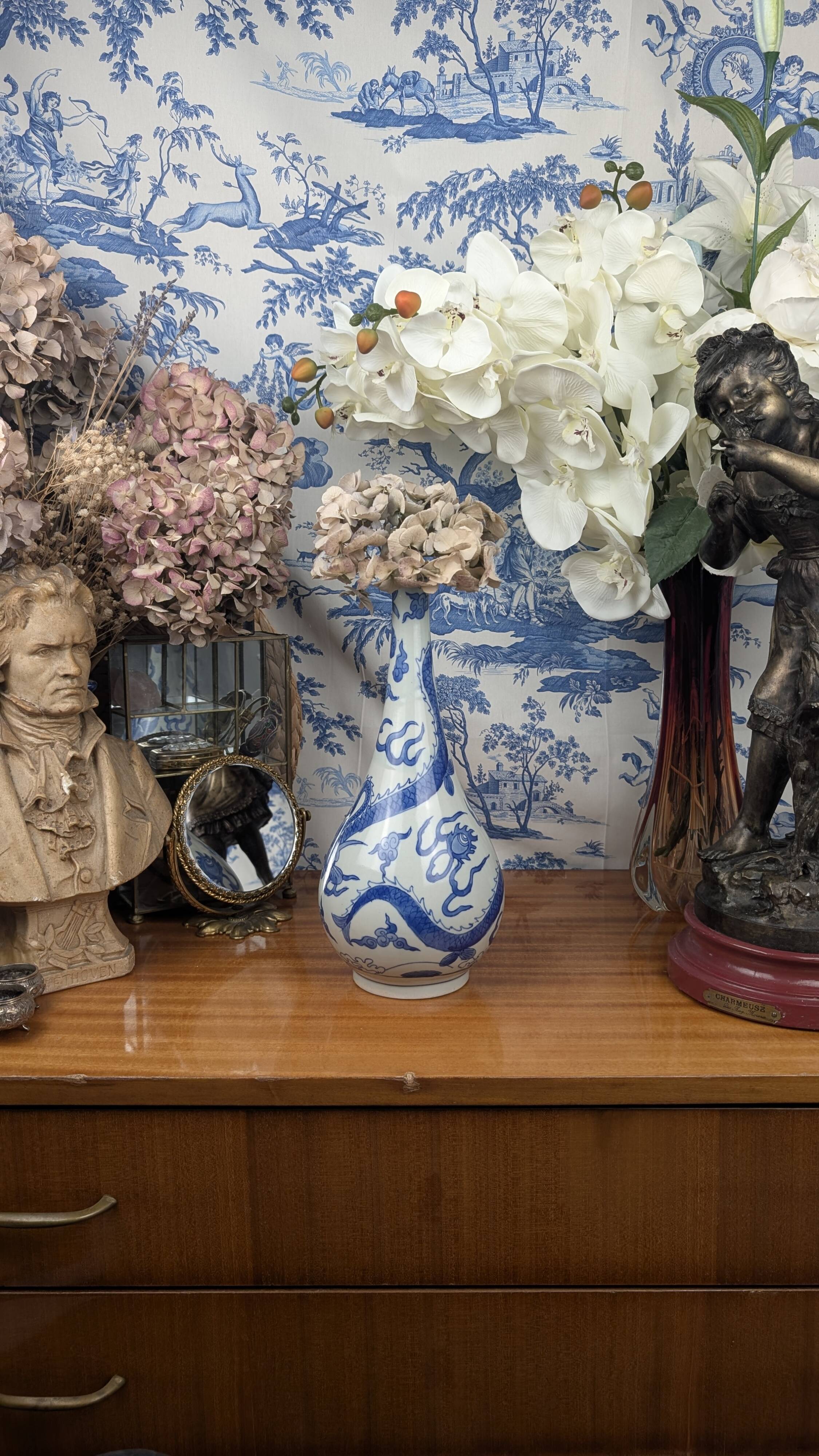 Blue hue piriform vase with dragon decor, vietnamese porcelain