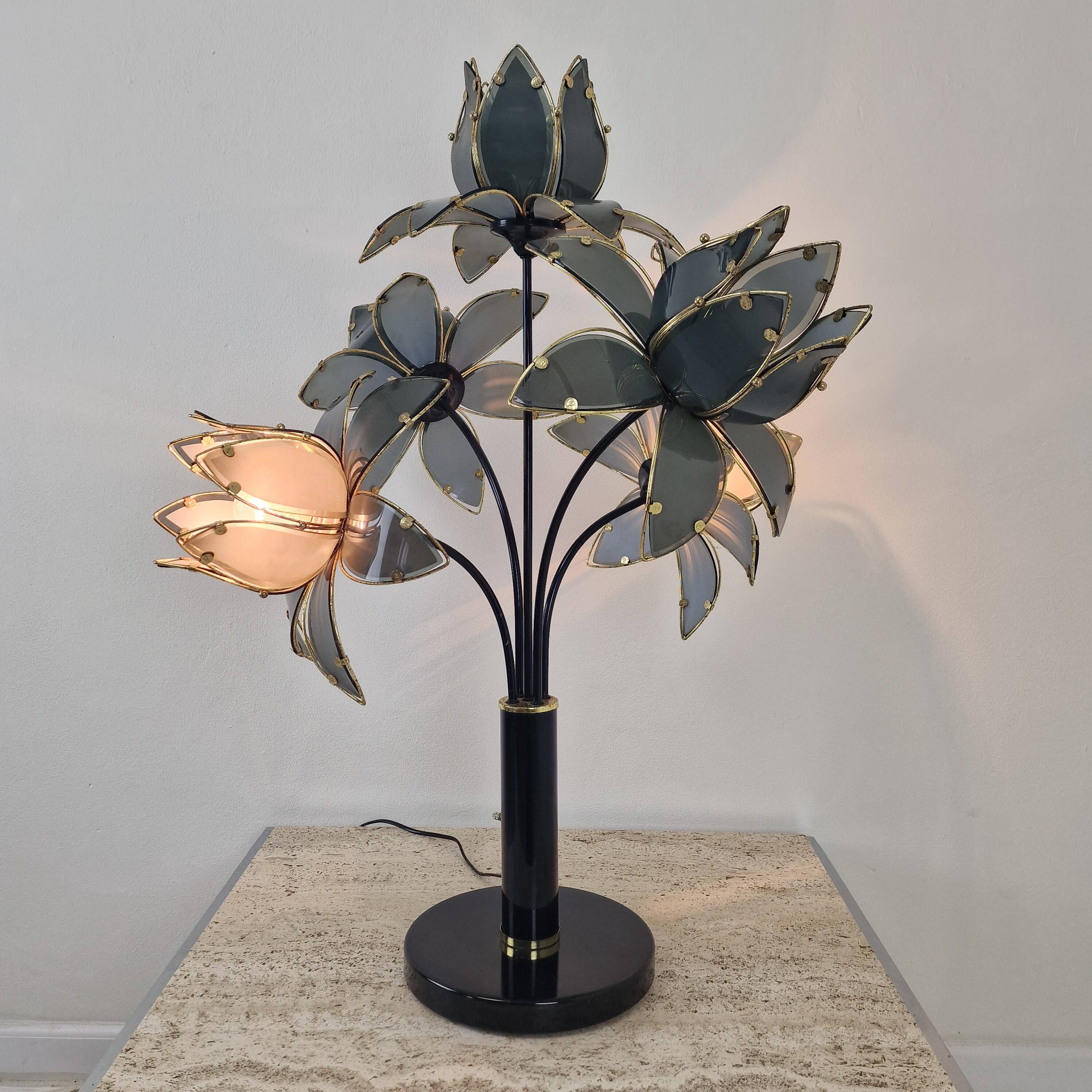 Hollywood Regency 5-Light Lotus Flower Table Lamp in Smoked Glass, 1980's