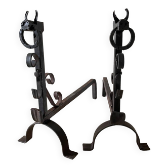 Pair of vintage steel brutalist andirons