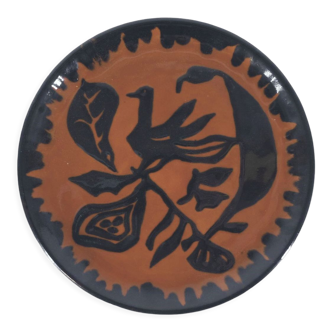 Assiette Jean Lurçat orange et noire au sujet d'un oiseau stylisé