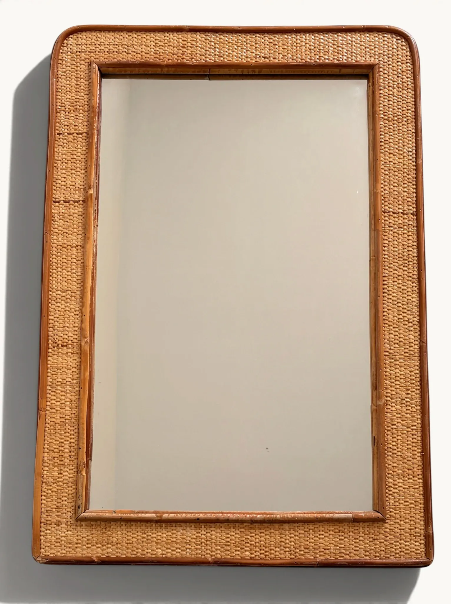 1970s Mid-Century Rattan and Pencil Reed Large Mirror, Spain