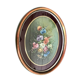 Cadre ovale bombé peinture florale signé