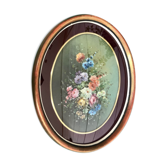 Cadre ovale bombé peinture florale signé