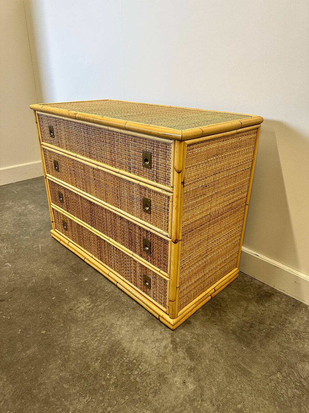 Midcentury bamboo, rattan and brass chest of drawers by Dal Vera, Italy, 1970s