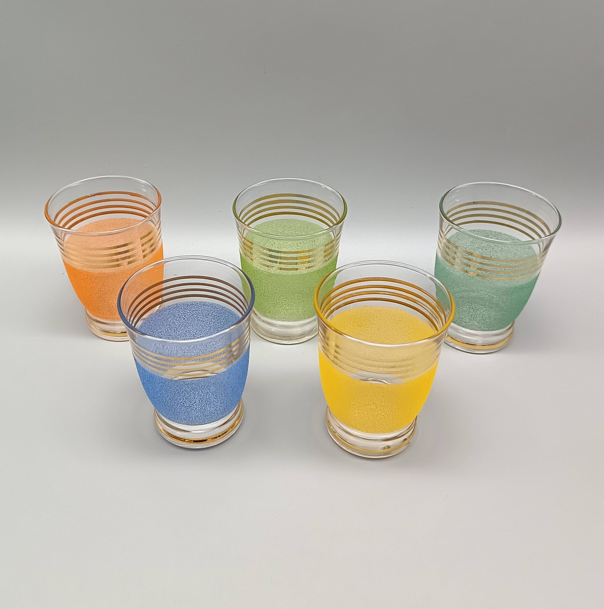 5 pretty multicolored frosted glasses with gold edges, vintage france 1950s