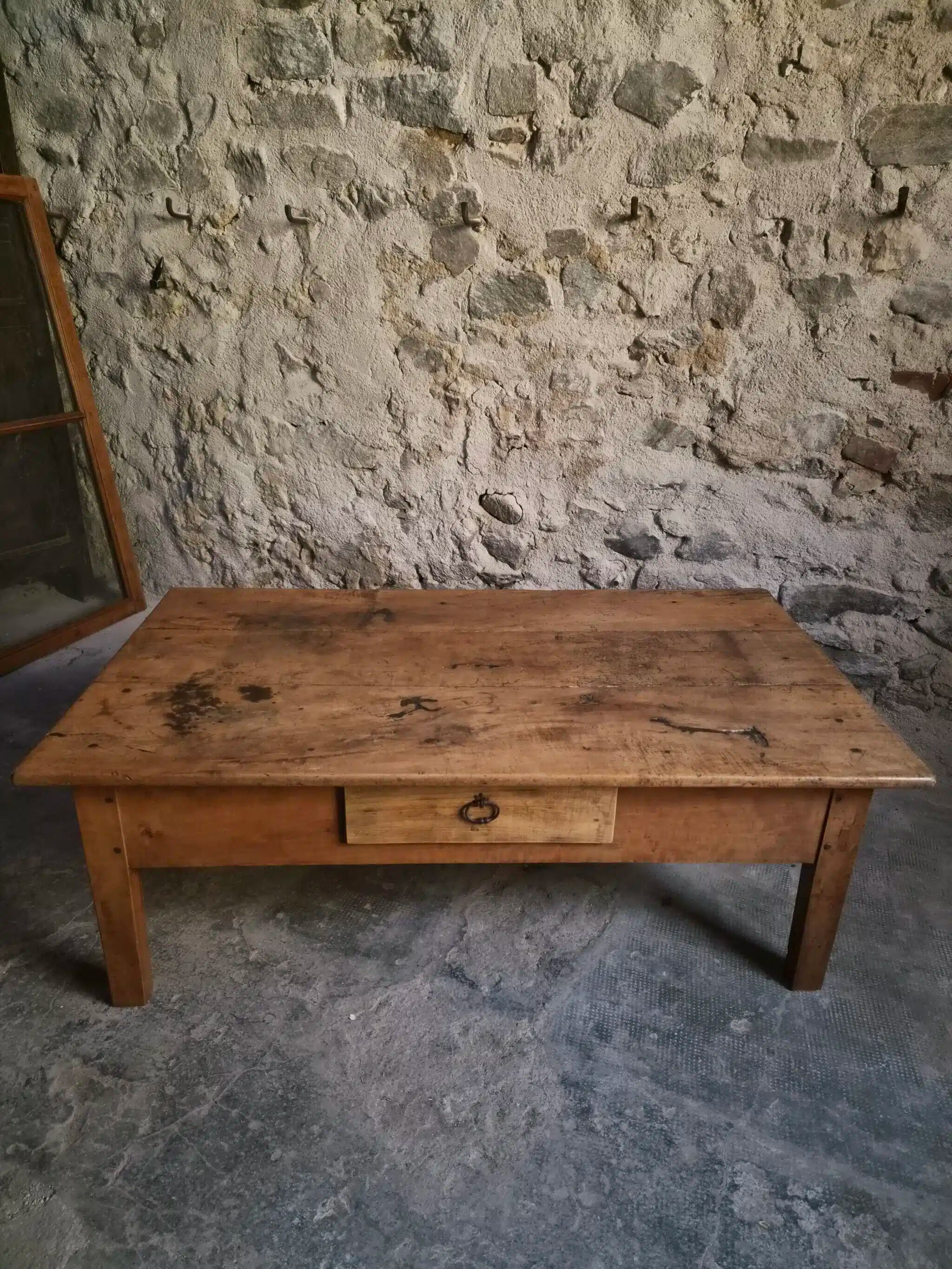 Antique cherry coffee table, rustic farmhouse table with drawer, circa 1750–1800.